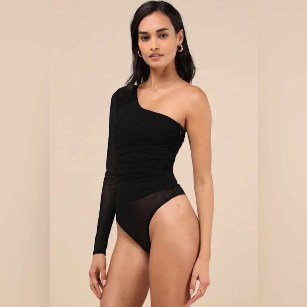 Tristina Black Ruched One-Shoulder Bodysuit
